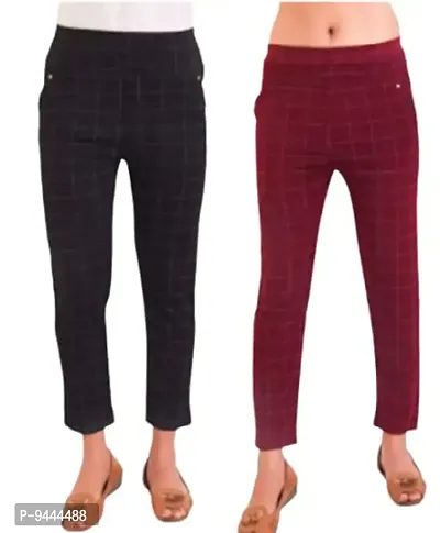 4M Sales Women's Checkered Ankle Length Jegging | Black, Maroon | Pack of 2