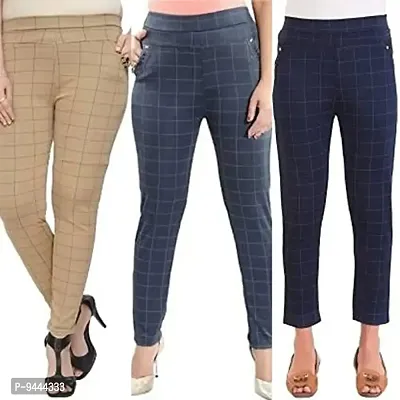 4M Sales Women's Checkered Ankle Length Jegging | Blue, Beige, Grey | Pack of 3