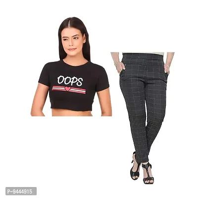 4M Sales 180 GSM Pure Cotton Crop T-Shirt with Slim Fit Jegging for Women |Black Oops Print Grey Jegging