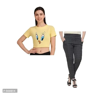 4M Sales Crop Top with Jegging Combo Pack for Women Pure Cotton Fabric | Yellow Tweety Top, Grey Jegging