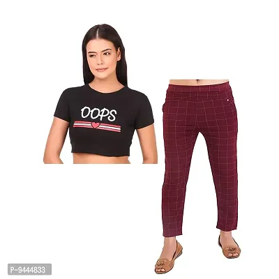 4M Sales 180 GSM Pure Cotton Crop T-Shirt with Slim Fit Jegging for Women |Black Oops Print Maroon Jegging-thumb0