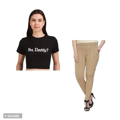 4M Sales Crop Top with Jegging Combo Pack for Women Pure Cotton Fabric | Black Daddy Top, Beige Jegging