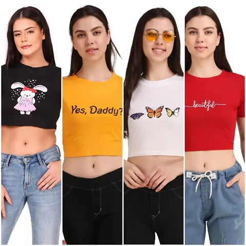 4M Sales Women's Printed Crop Top T-Shirt Cotton Combo Pack of 4