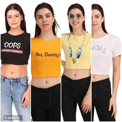 4M Sales Women's Printed Crop Top T-Shirt Cotton Combo Pack of 4