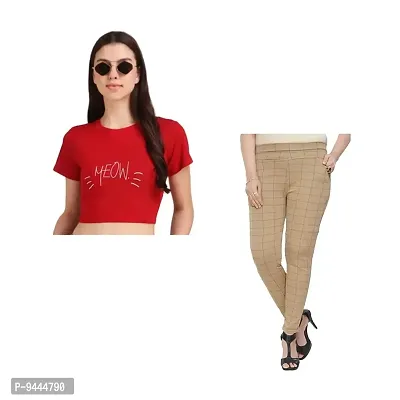 4M Sales Crop Top with Jegging Combo Pack for Women Pure Cotton Fabric | Red Meow Top, Beige Jegging-thumb0