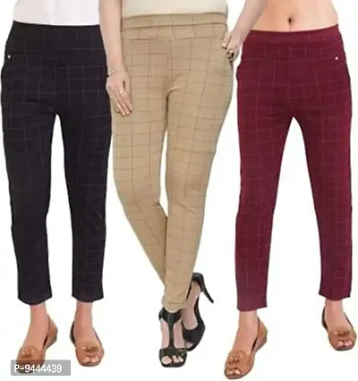 4M Sales Women's Checkered Ankle Length Jegging | Black, Beige, Maroon | Pack of 3