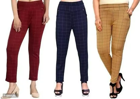 4M Sales Women's Checkered Ankle Length Jegging | Maroon, Blue, Beige | Pack of 3