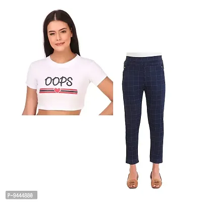 4M Sales 180 GSM Pure Cotton Crop T-Shirt with Slim Fit Jegging for Women |White Oops Print Blue Jegging