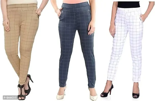 4M Sales Women's Checkered Ankle Length Jegging | White, Brown, Grey | Pack of 3