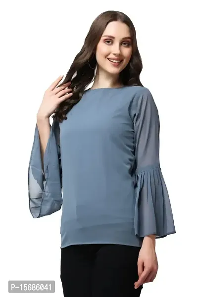 Casual Bell Sleeves Solid Women Grey Top (Medium, Grey)