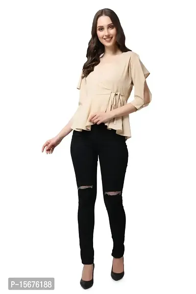 Casual Butterfly Sleeves Solid Women Beige TOP (X-Large, Pitch)-thumb6