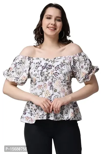 Casual Puff Sleeves Floral Print Women White TOP-thumb0