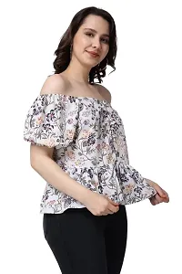 Casual Puff Sleeves Floral Print Women White TOP-thumb4