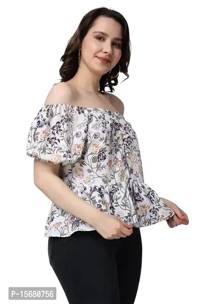 Casual Puff Sleeves Floral Print Women White TOP-thumb5