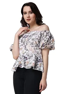 Casual Puff Sleeves Floral Print Women White TOP-thumb2