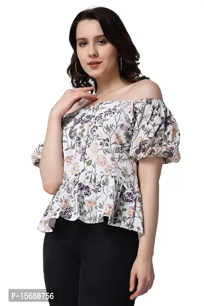 Casual Puff Sleeves Floral Print Women White TOP-thumb3