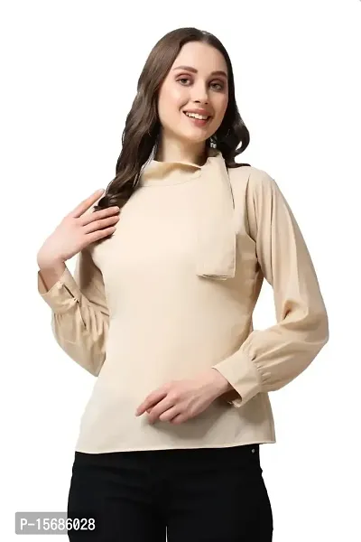 Casual Cuffed Sleeves Solid Women Beige TOP (Small, Beige)