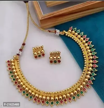 Stylish Golden Brass Artificial Stone Jewellery Set For Women-thumb0