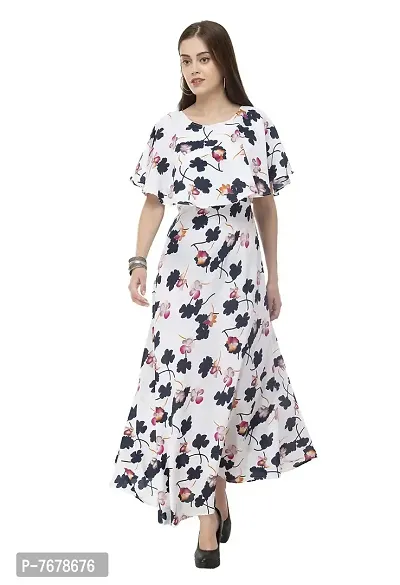 Sadatapan Front Flared Designer Floral Printed Neck Western Casual Regular Fit Comfortable Knee Length Crepe Dress for Women/Girls.-thumb0