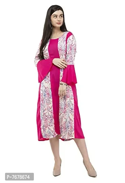 Sadatapan Bell Sleeve Printed Strip Designer Knee Length Pink Maxi Dress for Women/Girls-thumb0
