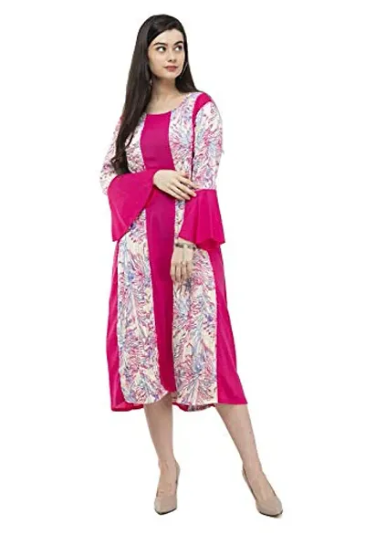Sadatapan Bell Sleeve Printed Strip Designer Knee Length Pink Maxi Dress for Women/Girls