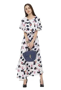 Sadatapan Front Flared Designer Floral Printed Neck Western Casual Regular Fit Comfortable Knee Length Crepe Dress for Women/Girls.-thumb1