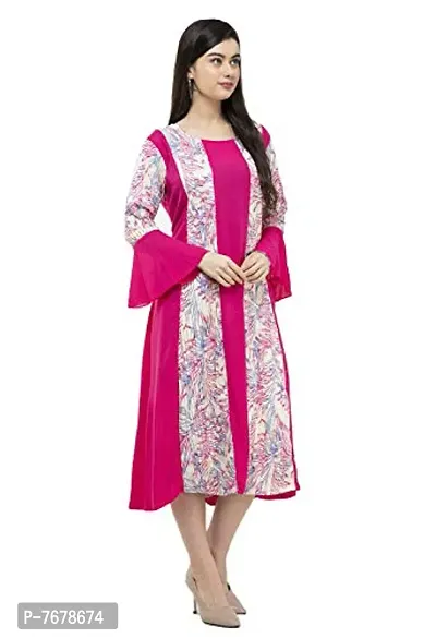 Sadatapan Bell Sleeve Printed Strip Designer Knee Length Pink Maxi Dress for Women/Girls-thumb3