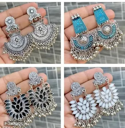 Combo of 4 Pair Traditional  Oxidised Silver Afghani Chandbali Hoop Drop And Dangles Jhumki Multicolor Earrings Set For Women/Girls
