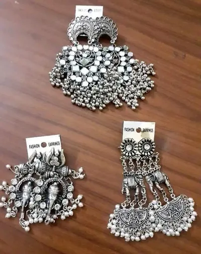 Combo Of 3 Pair Latest Stylish Oxidised Silver Drop And Dangles Chandbali Hoop Jhumki Earrings Set For Women/Girls