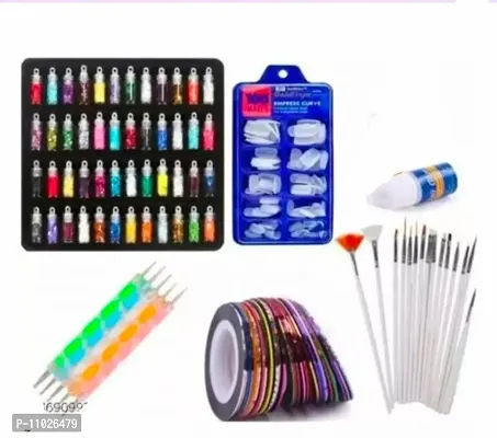 Nail Art Kit with, 100 Nails,15 Pcs Nail Art Brush, 5 pic doting pin ,48 Pcs 3D Nail glitter bottles,5 Round Nail Tapes,1 Nail Glue