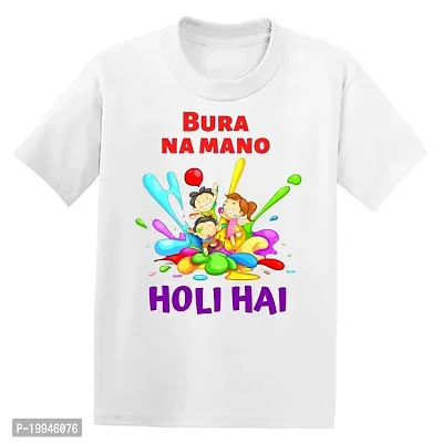 GIFTSBALA  Bura Na Mano Holi Hai Printed | Happy Holi | Holi Hai | Holi with Mom and Daddy Printed Holi Dress White Cotton Half Sleeve Tshirts(B302)48-thumb0