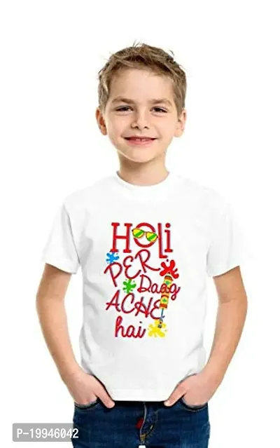 GIFTSBALA  Holi White Polyester Round Neck Unisex Half Sleeve Kids T-Shirt 27
