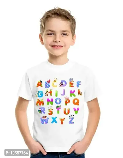 GIFTSBALA Baby  Sons English Learning Alphabets White Graphic Polyester DriFit Sports Febric Round Neck Kids Unisex Half Sleeve T-Shirt