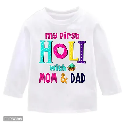 GIFTSBALA  My 1st Holi with Mom and Dad | My First Holi Dress | Holi Special Dress White Full Sleeve Cotton Tshirts for New Born Baby (B273)90-thumb0