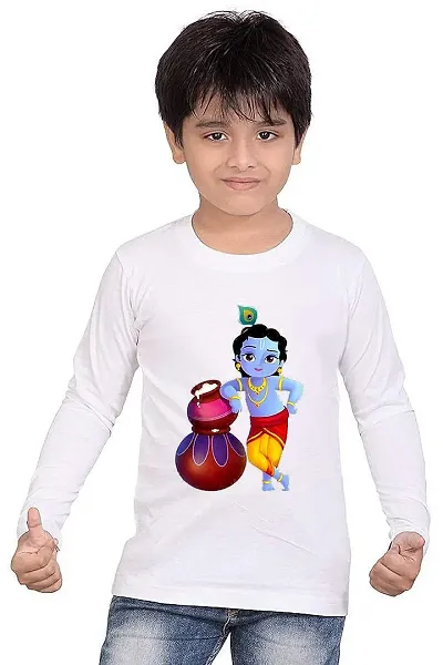 Printmate Kanha Krishna Bal Gopal Kanhaiya Janmashtami Nand Lal Makhan Chor Polyester Sports Wear Round Neck Kids Unisex Full Sleeve T-Shirt Dress