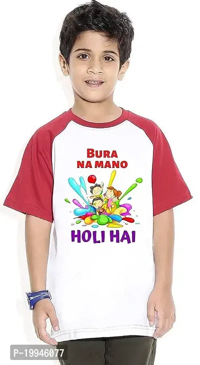 GIFTSBALA  Bura Na Mano Holi Hai Printed | Happy Holi | Holi Hai | Holi with Mom and Daddy Printed Holi Dress Red and Raglan White Cotton Half Sleeve Tshirts(B303)49-thumb0