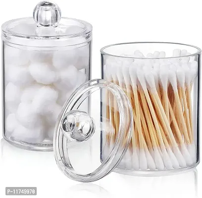 Topinon 2 Pack Qtip Holder Dispenser for Cotton Ball, Cotton Swab, Cotton Round Pads, Floss - 10 oz Clear Plastic Apothecary Jar Set for Bathroom Canister Storage Organization, Vanity Makeup Organizer