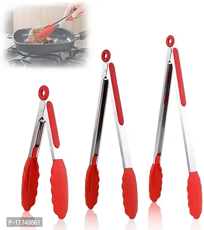 Topinon Kitchen Tongs Set of 3, Stainless Steel Tongs with Silicone Tips (7/9/12 Inches,Red) (Set of 3)