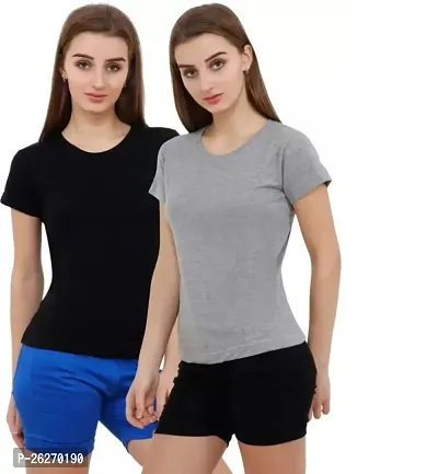 Classic Cotton Solid T-Shirts for Women Pack of 2-thumb0