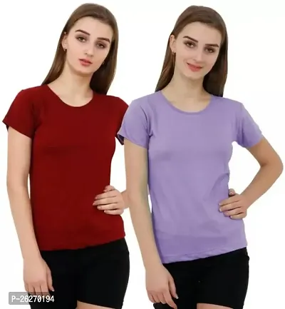 Classic Cotton Solid T-Shirts for Women Pack of 2