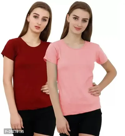 Classic Cotton Solid T-Shirts for Women Pack of 2