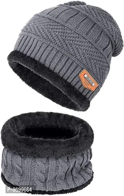 Ultra Soft Unisex | Woolen Cap for Men Woman | Scarf Knit Set for Men Women Warmer Set Knit Hat| Woolen Beanie Cap with Neck Scarf Set for Men  Women-thumb2