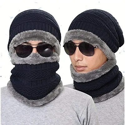 Beanie Men Women Hat Scarf Set Warm Knit Hat Thick Fleece Lined Winter Cap Neck Warmer
