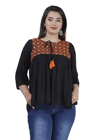 NANAK FEB Women's Rayon Casual Wear Regular Fit Embroidery Printed Short Kurti/Tunic Black Top for Girls-thumb4