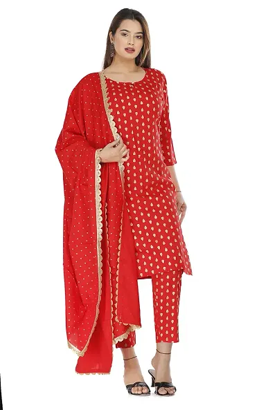 NANAK FEB Women's Rayon Straight Kurti with Pant and Dupatta Set for Girls Casual Wear Kurta