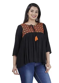 NANAK FEB Women's Rayon Casual Wear Regular Fit Embroidery Printed Short Kurti/Tunic Black Top for Girls-thumb2