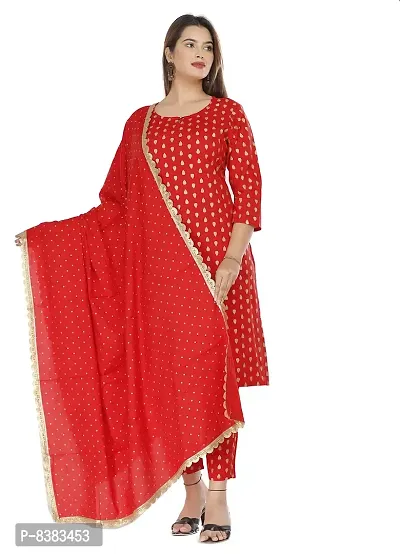 NANAK FEB Women's Rayon Printed Straight Red Kurti with Pant and Dupatta Set for Girls Casual Wear Kurta-thumb3