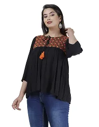 NANAK FEB Women's Rayon Casual Wear Regular Fit Embroidery Printed Short Kurti/Tunic Black Top for Girls-thumb3