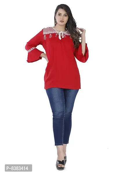 NANAK FEB Women's Rayon Regular Wear Printed Red Short Kurti/Tunic/Top for Girls