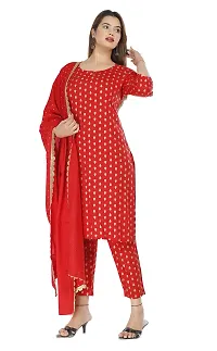 NANAK FEB Women's Rayon Printed Straight Red Kurti with Pant and Dupatta Set for Girls Casual Wear Kurta-thumb3